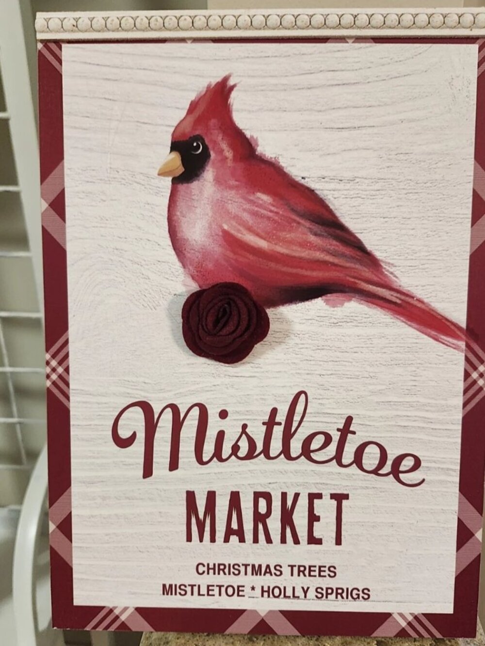Wood Sign Mistletoe 12 x 9 - 3D Flower Cardinal Picture Christmas